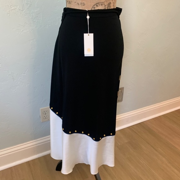 NWT Tory Burch mixed material black white silk wrap skirt midi maxi demure sz L - Picture 11 of 16
